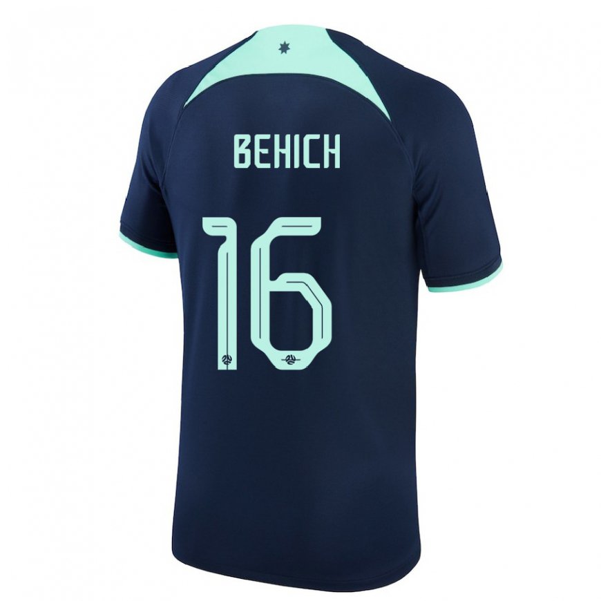 Kandiny Homme Maillot Australie Aziz Behich #16 Bleu Foncé Tenues Extérieur 22-24 T-shirt