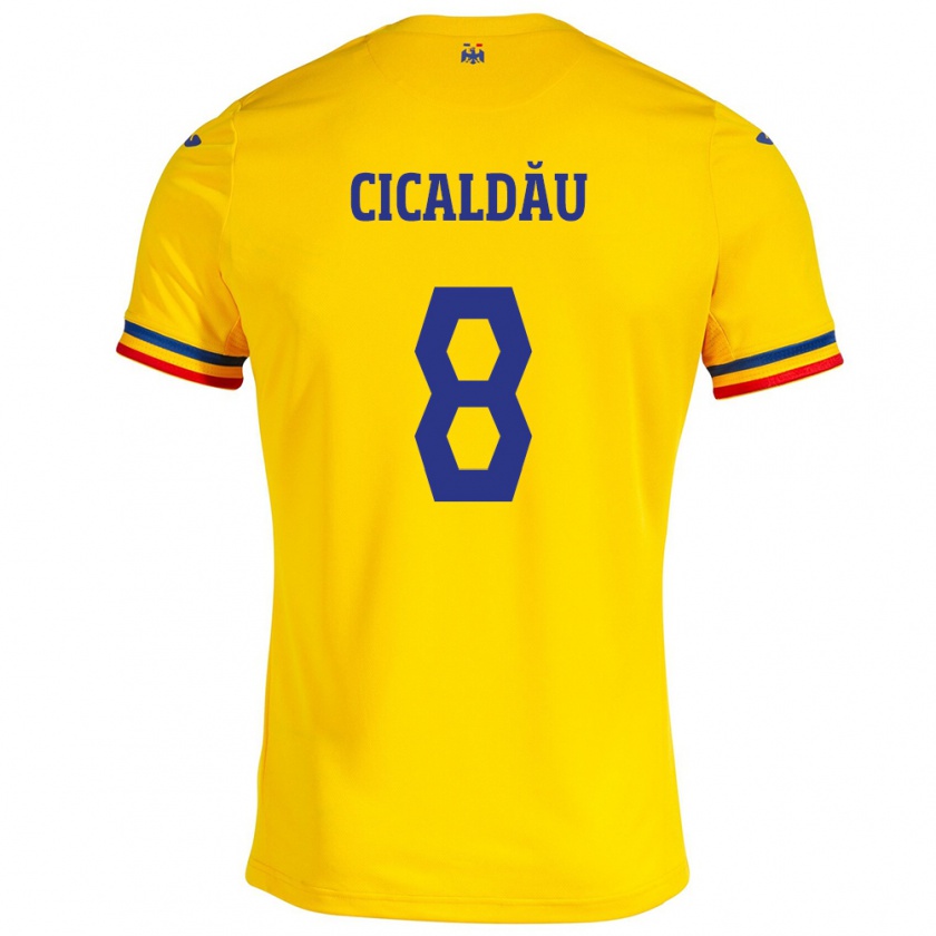 Kandiny Enfant Maillot Roumanie Alexandru Cicâldău #8 Jaune Tenues Domicile 24-26 T-Shirt