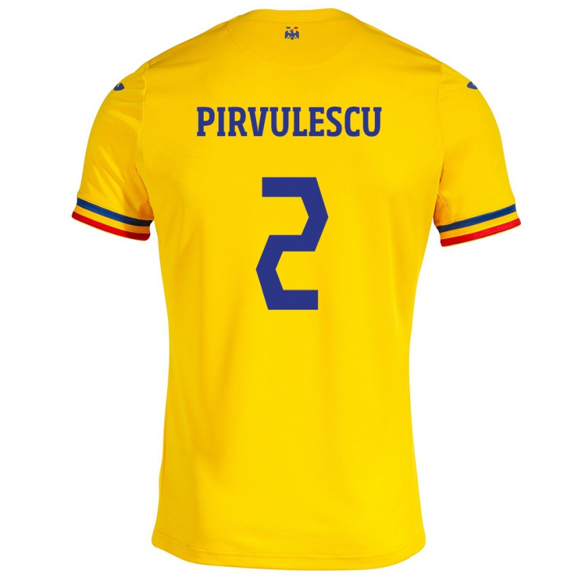 Kandiny Enfant Maillot Roumanie Sergiu Pîrvulescu #2 Jaune Tenues Domicile 24-26 T-Shirt