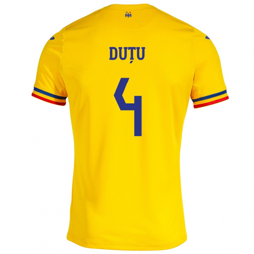 Kandiny Enfant Maillot Roumanie Ștefan Duțu #4 Jaune Tenues Domicile 24-26 T-Shirt