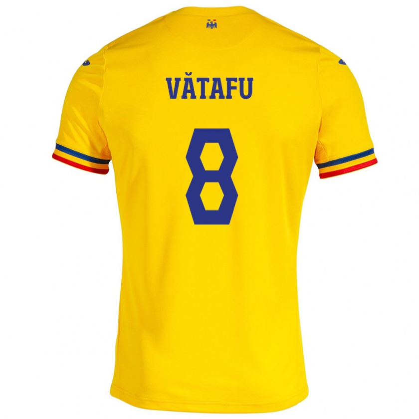 Kandiny Enfant Maillot Roumanie Ștefania Vătafu #8 Jaune Tenues Domicile 24-26 T-Shirt