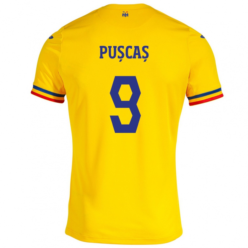 Kandiny Homme Maillot Roumanie George Pușcaș #9 Jaune Tenues Domicile 24-26 T-Shirt