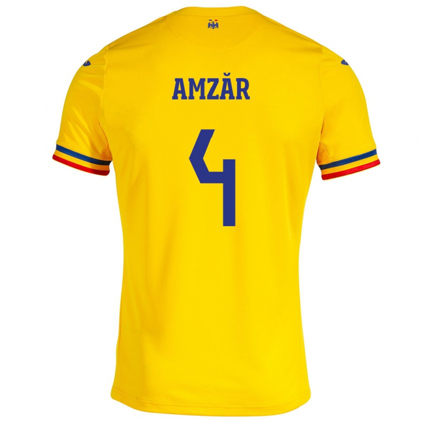 Kandiny Homme Maillot Roumanie Costin Amzăr #4 Jaune Tenues Domicile 24-26 T-Shirt