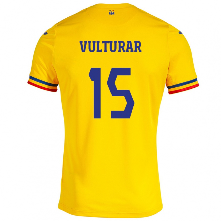 Kandiny Homme Maillot Roumanie Cătălin Vulturar #15 Jaune Tenues Domicile 24-26 T-Shirt