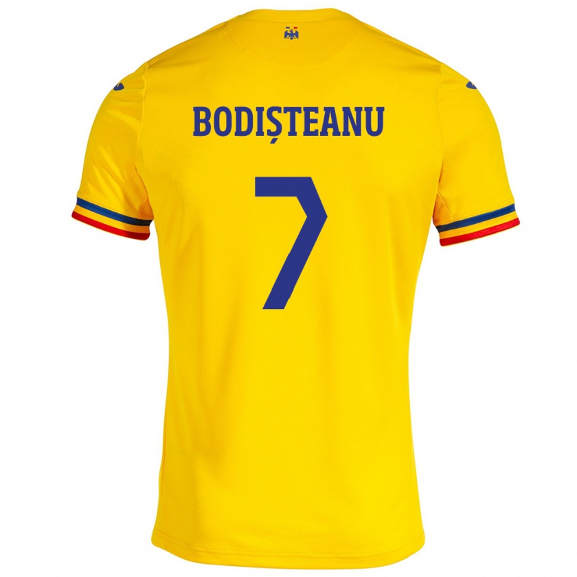 Kandiny Homme Maillot Roumanie Ștefan Bodișteanu #7 Jaune Tenues Domicile 24-26 T-Shirt