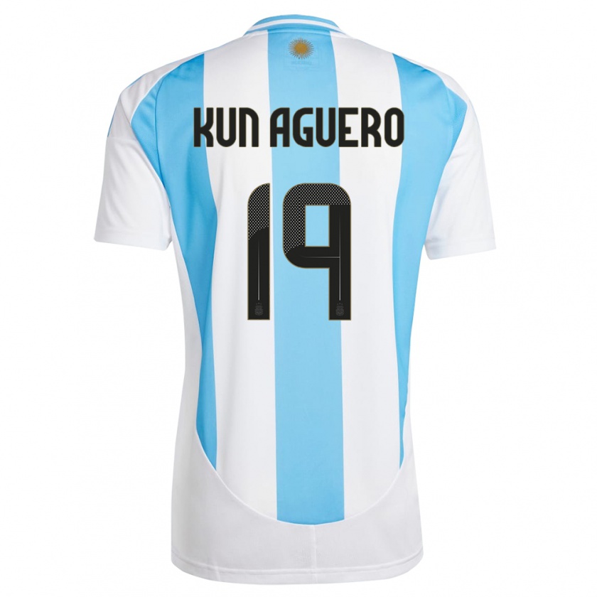 Kandiny Enfant Maillot Argentine Sergio Aguero #19 Blanc Bleu Tenues Domicile 24-26 T-Shirt