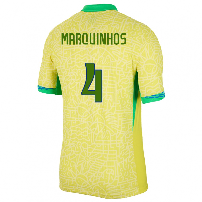 Kandiny Enfant Maillot Brésil Marquinhos #4 Jaune Tenues Domicile 24-26 T-Shirt