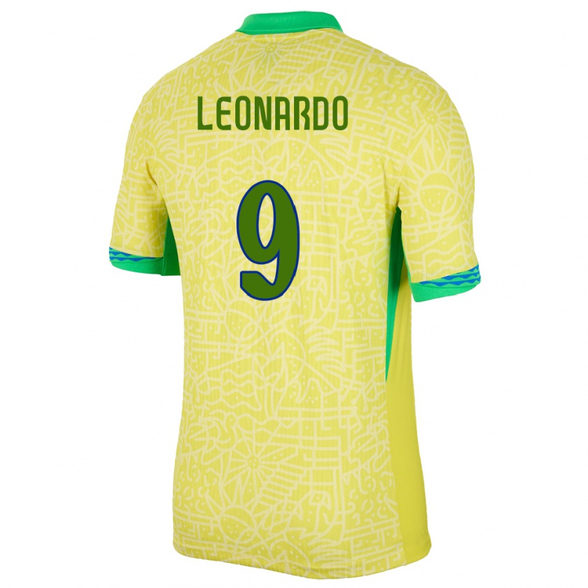 Kandiny Enfant Maillot Brésil Marcos Leonardo #9 Jaune Tenues Domicile 24-26 T-Shirt