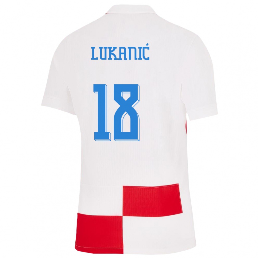 Kandiny Enfant Maillot Croatie Luka Lukanic #18 Blanc Rouge Tenues Domicile 24-26 T-Shirt