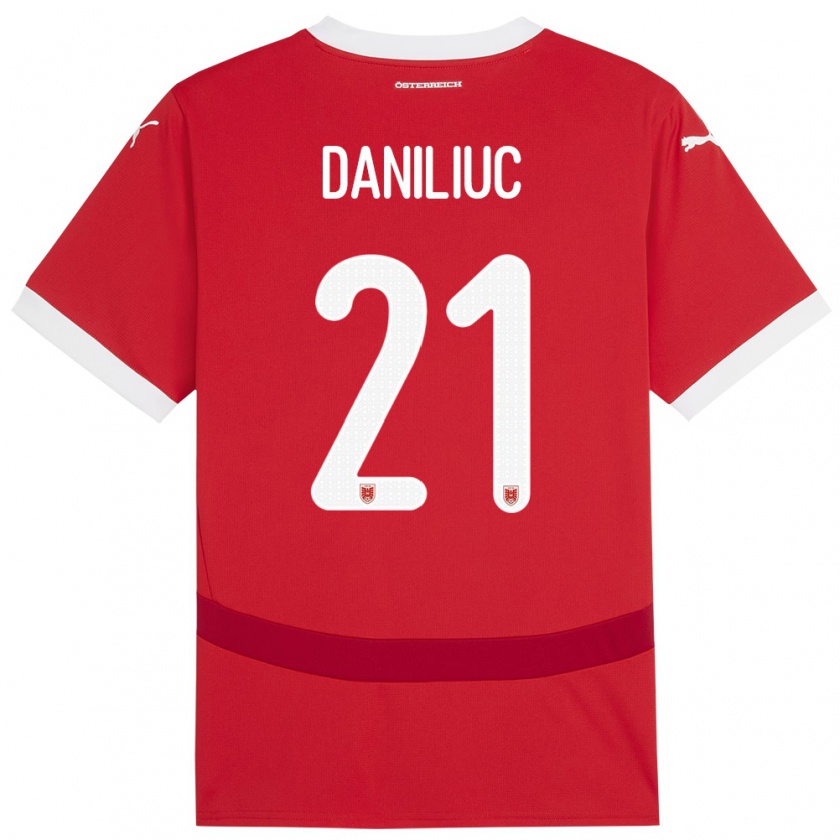 Kandiny Enfant Maillot Autriche Flavius Daniliuc #21 Rouge Tenues Domicile 24-26 T-Shirt