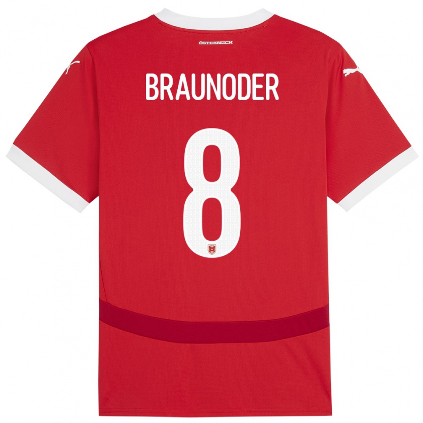 Kandiny Enfant Maillot Autriche Matthias Braunöder #8 Rouge Tenues Domicile 24-26 T-Shirt