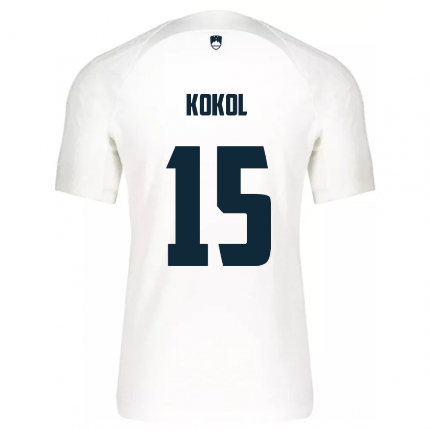 Kandiny Enfant Maillot Slovénie Luka Kokol #15 Blanc Tenues Domicile 24-26 T-Shirt