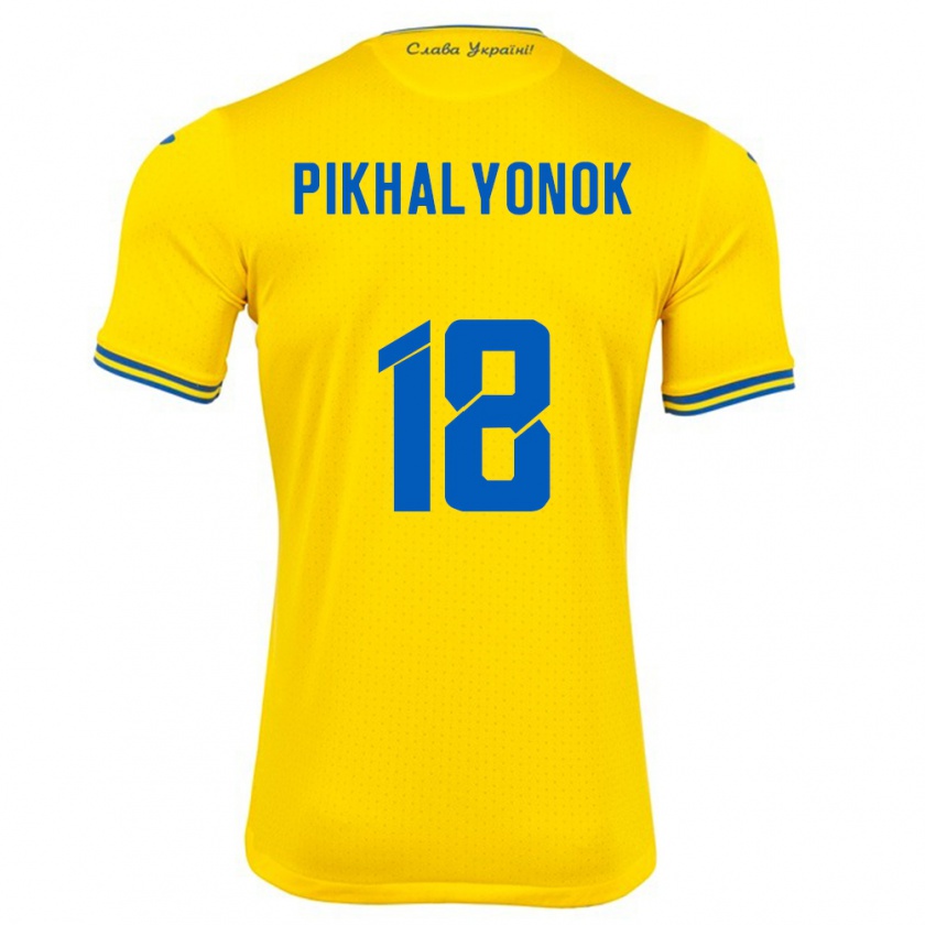 Kandiny Enfant Maillot Ukraine Oleksandr Pikhalyonok #18 Jaune Tenues Domicile 24-26 T-Shirt