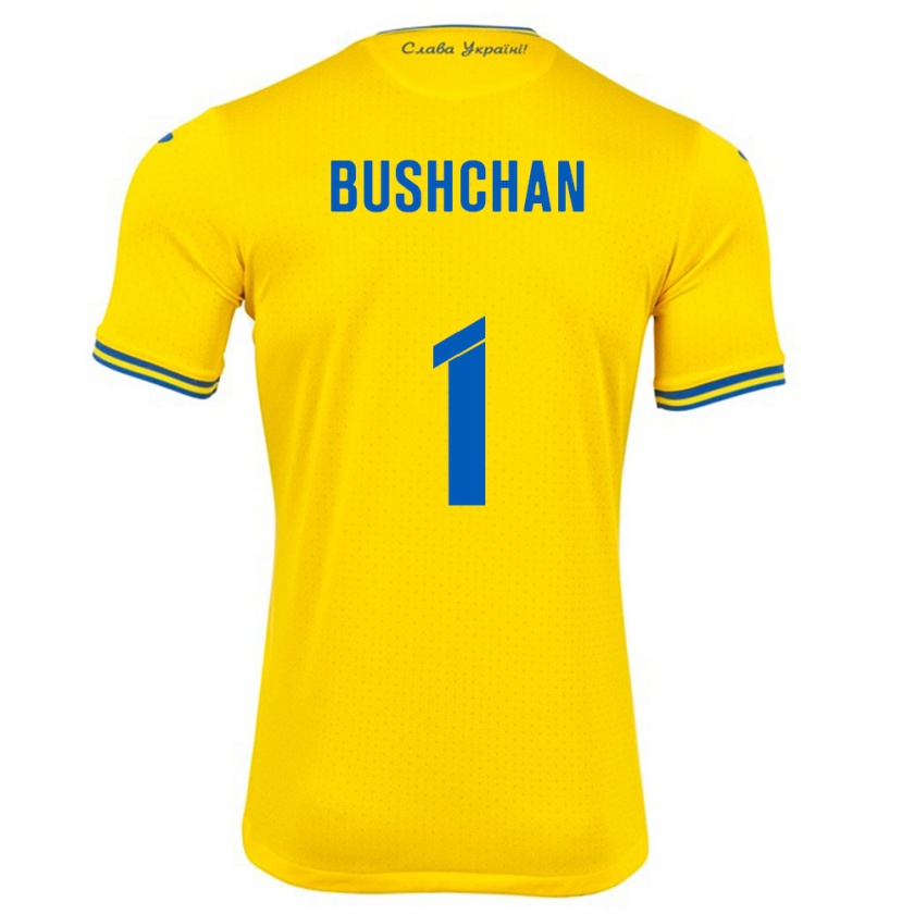 Kandiny Enfant Maillot Ukraine Georgiy Bushchan #1 Jaune Tenues Domicile 24-26 T-Shirt