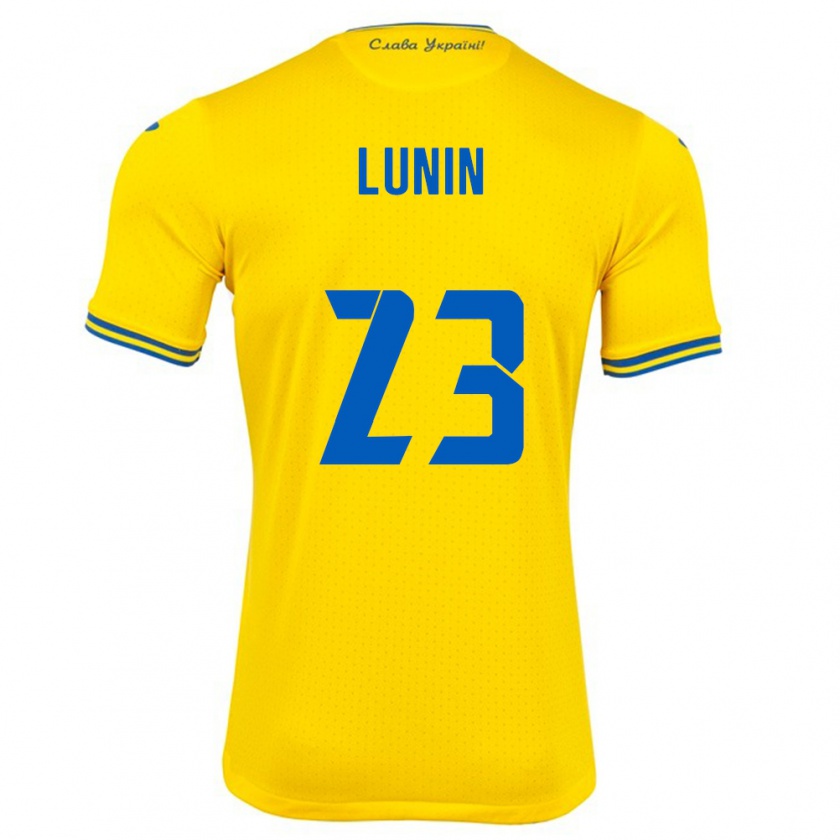 Kandiny Enfant Maillot Ukraine Andriy Lunin #23 Jaune Tenues Domicile 24-26 T-Shirt