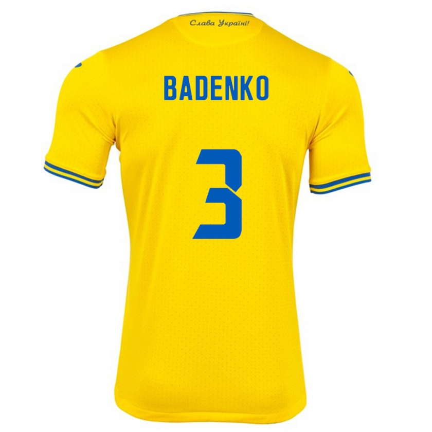 Kandiny Enfant Maillot Ukraine Ilya Badenko #3 Jaune Tenues Domicile 24-26 T-Shirt