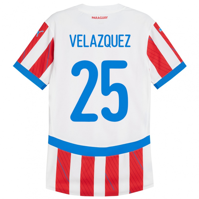 Kandiny Enfant Maillot Paraguay Gustavo Velázquez #25 Blanc Rouge Tenues Domicile 24-26 T-Shirt