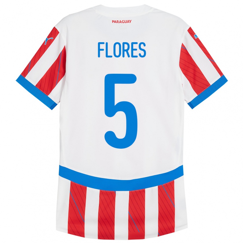 Kandiny Enfant Maillot Paraguay Gilberto Flores #5 Blanc Rouge Tenues Domicile 24-26 T-Shirt