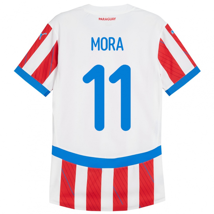 Kandiny Enfant Maillot Paraguay Jorge Mora #11 Blanc Rouge Tenues Domicile 24-26 T-Shirt