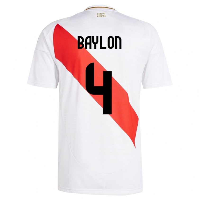 Kandiny Enfant Maillot Pérou Luis Baylón #4 Blanc Tenues Domicile 24-26 T-Shirt