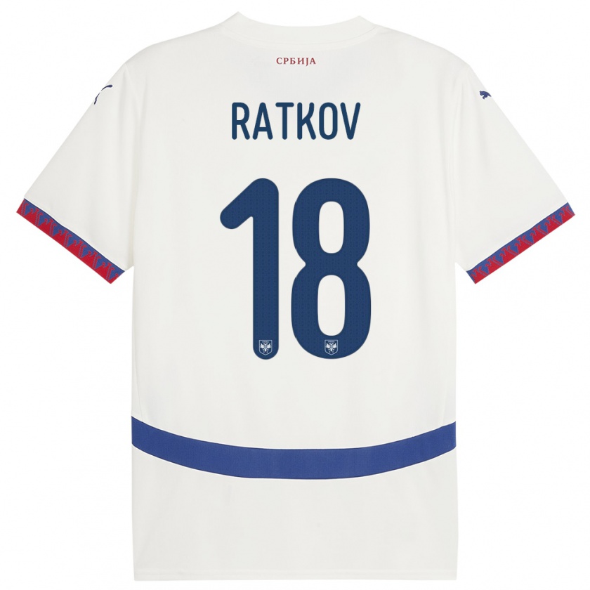 Kandiny Enfant Maillot Serbie Petar Ratkov #18 Blanc Tenues Extérieur 24-26 T-Shirt