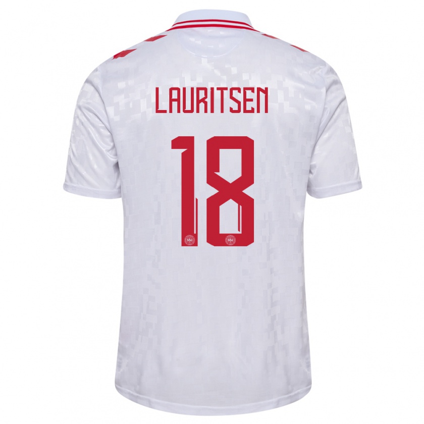 Kandiny Enfant Maillot Danemark Tobias Lauritsen #18 Blanc Tenues Extérieur 24-26 T-Shirt