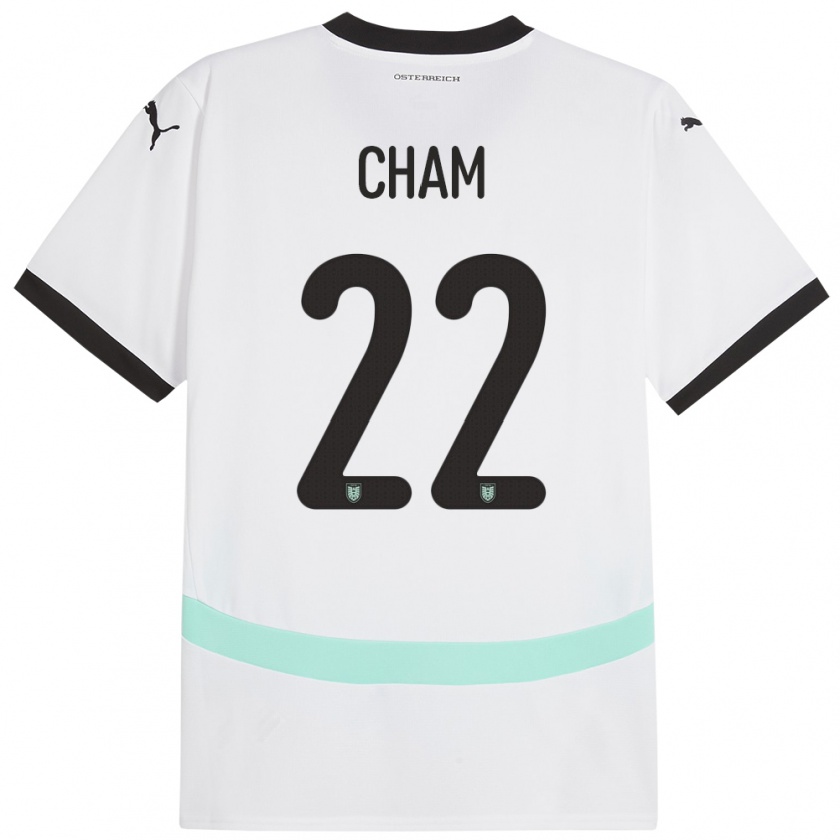 Kandiny Enfant Maillot Autriche Muhammed Cham #22 Blanc Tenues Extérieur 24-26 T-Shirt