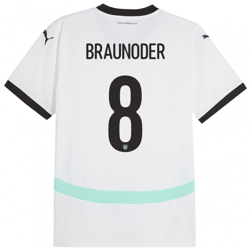 Kandiny Enfant Maillot Autriche Matthias Braunöder #8 Blanc Tenues Extérieur 24-26 T-Shirt