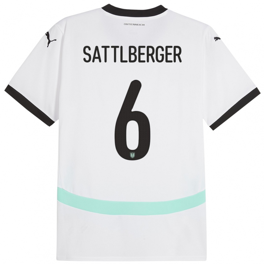 Kandiny Enfant Maillot Autriche Nikolas Sattlberger #6 Blanc Tenues Extérieur 24-26 T-Shirt