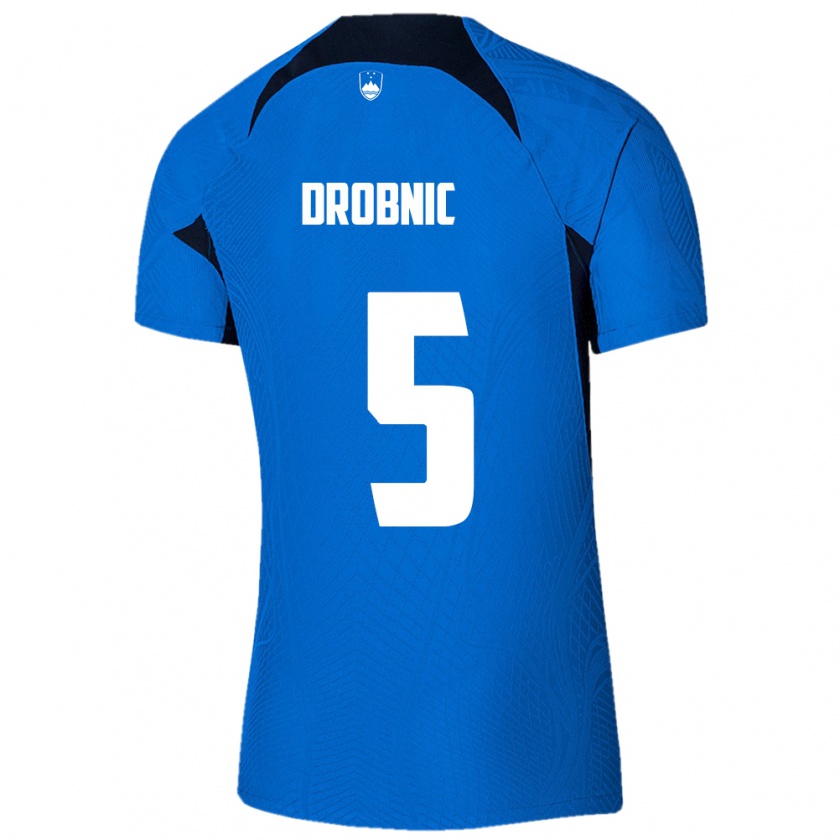 Kandiny Enfant Maillot Slovénie Dominik Drobnic #5 Bleu Tenues Extérieur 24-26 T-Shirt