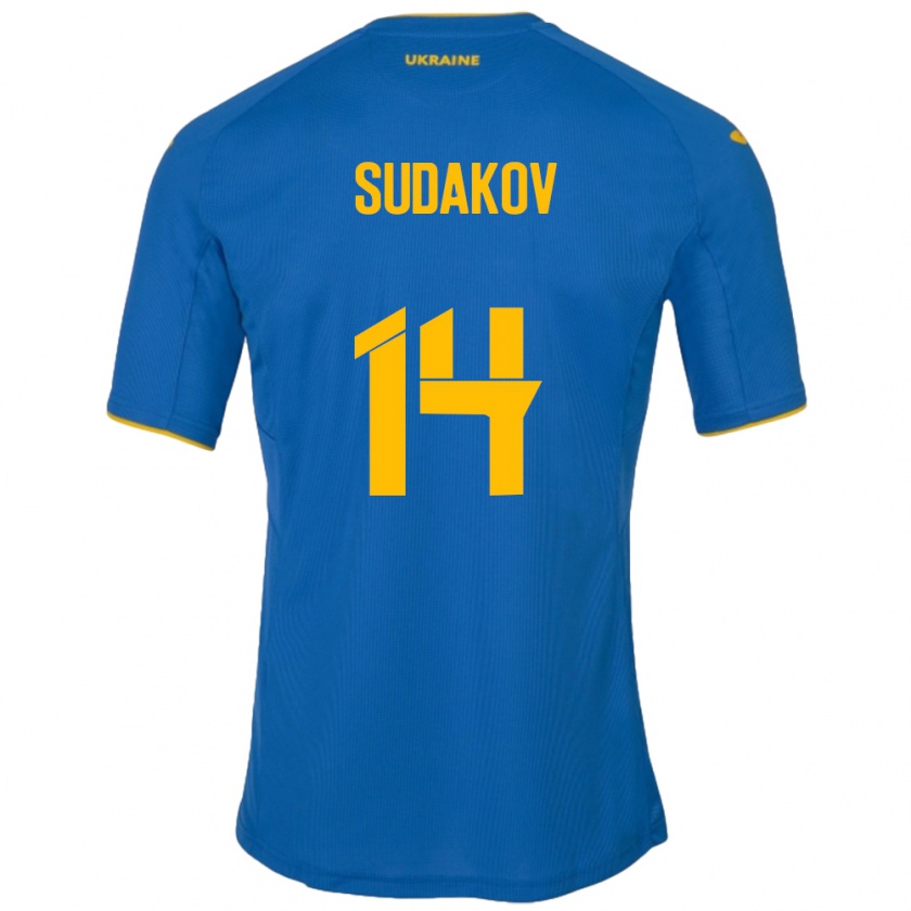 Kandiny Enfant Maillot Ukraine Georgiy Sudakov #14 Bleu Tenues Extérieur 24-26 T-Shirt