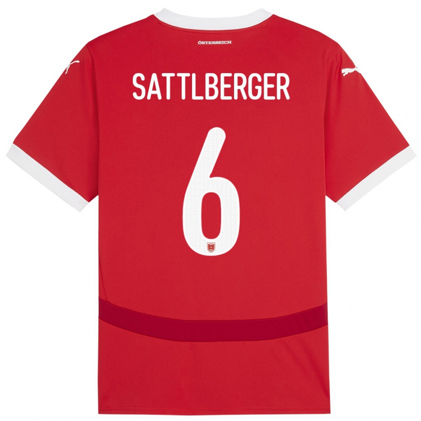 Kandiny Homme Maillot Autriche Nikolas Sattlberger #6 Rouge Tenues Domicile 24-26 T-Shirt