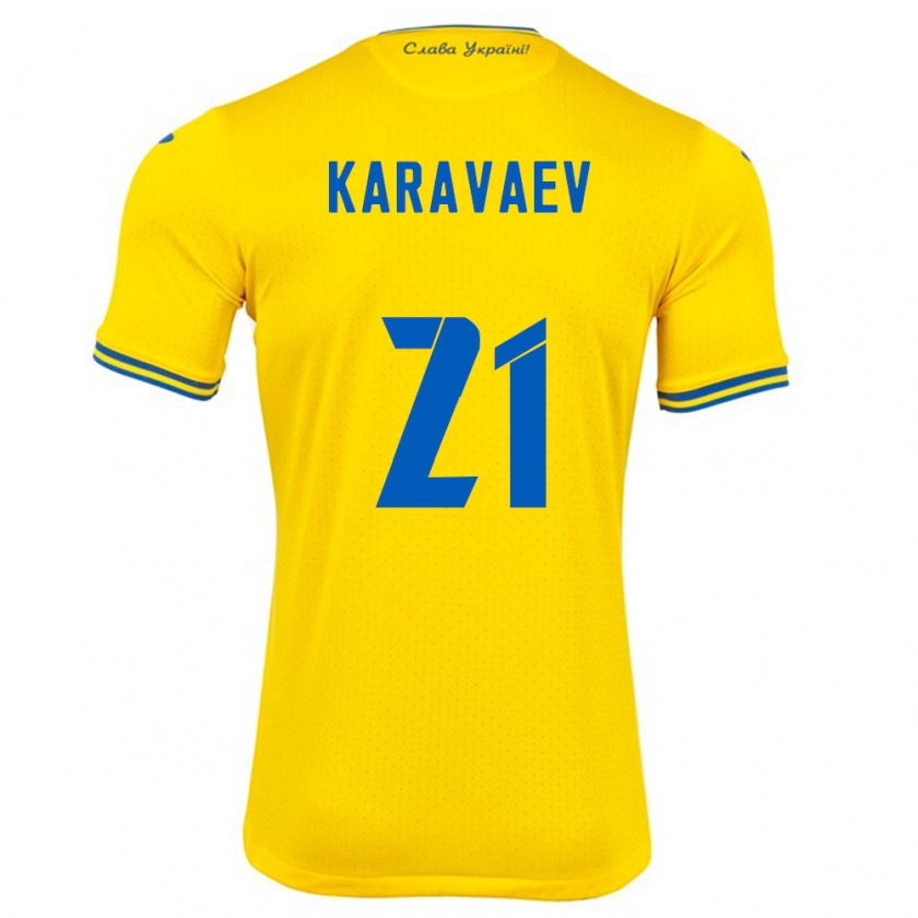 Kandiny Homme Maillot Ukraine Oleksandr Karavaev #21 Jaune Tenues Domicile 24-26 T-Shirt