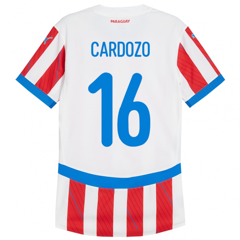 Kandiny Homme Maillot Paraguay Juan Cardozo #16 Blanc Rouge Tenues Domicile 24-26 T-Shirt