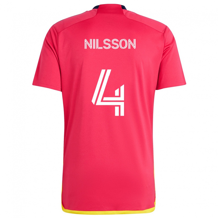 Kandiny Enfant Maillot Joakim Nilsson #4 Rouge Bleu Tenues Domicile 2024/25 T-Shirt