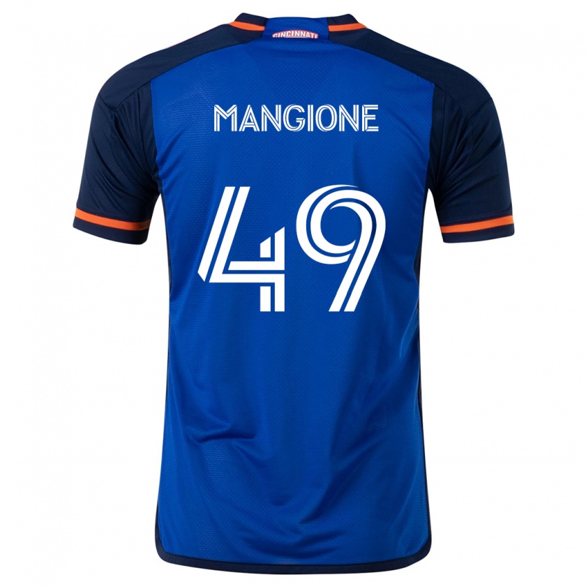 Kandiny Enfant Maillot Peter Mangione #49 Bleu Blanc Tenues Domicile 2024/25 T-Shirt