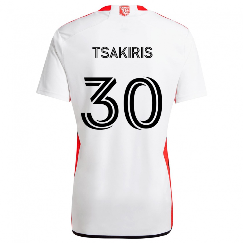 Kandiny Enfant Maillot Niko Tsakiris #30 Blanc Rouge Tenues Extérieur 2024/25 T-Shirt