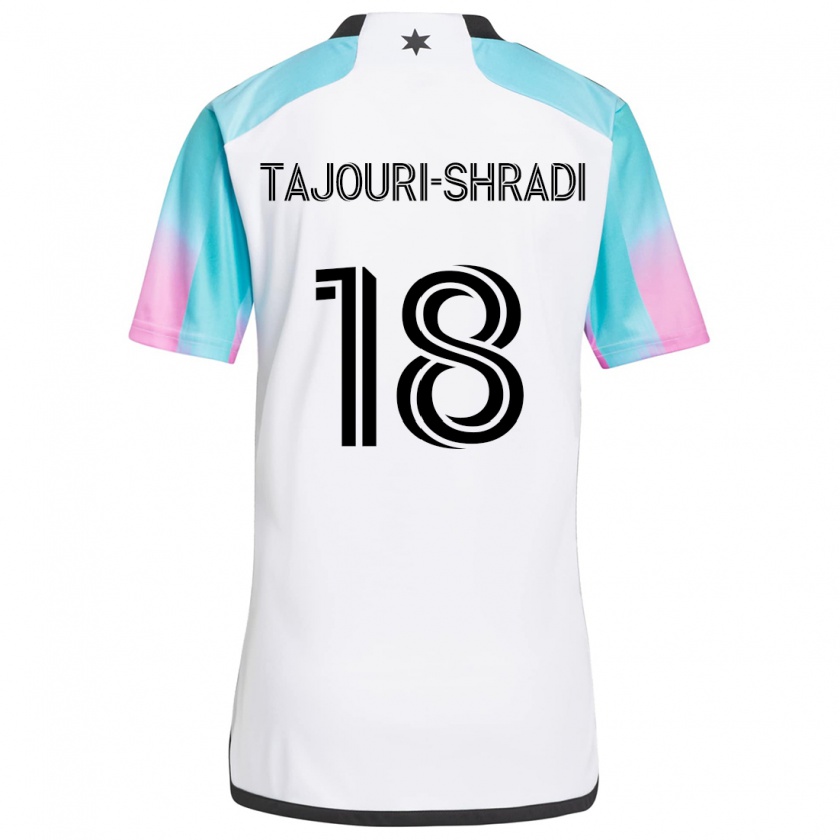 Kandiny Enfant Maillot Ismael Tajouri-Shradi #18 Blanc Bleu Noir Tenues Extérieur 2024/25 T-Shirt