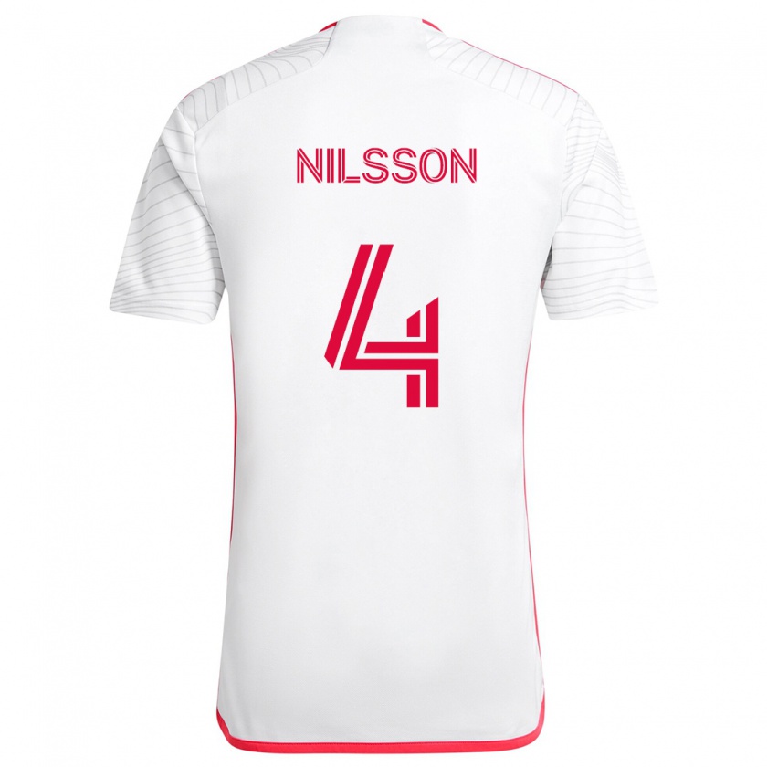 Kandiny Enfant Maillot Joakim Nilsson #4 Blanc Rouge Tenues Extérieur 2024/25 T-Shirt