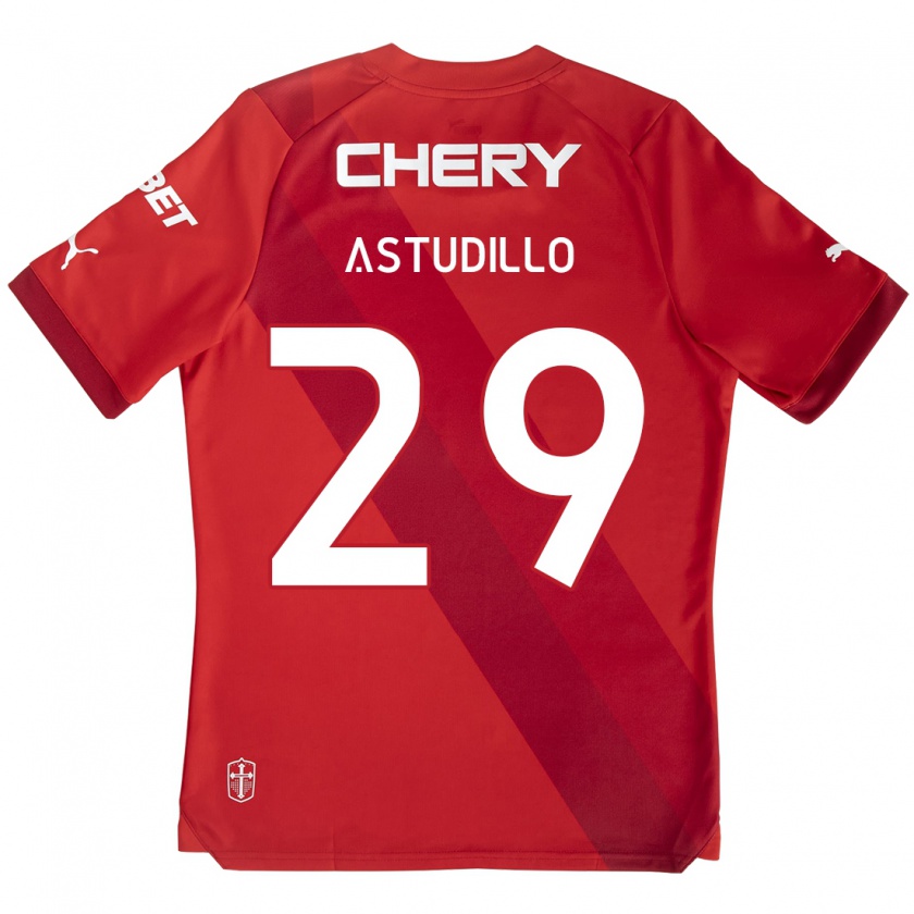 Kandiny Enfant Maillot Aaron Astudillo #29 Rouge Blanc Tenues Extérieur 2024/25 T-Shirt