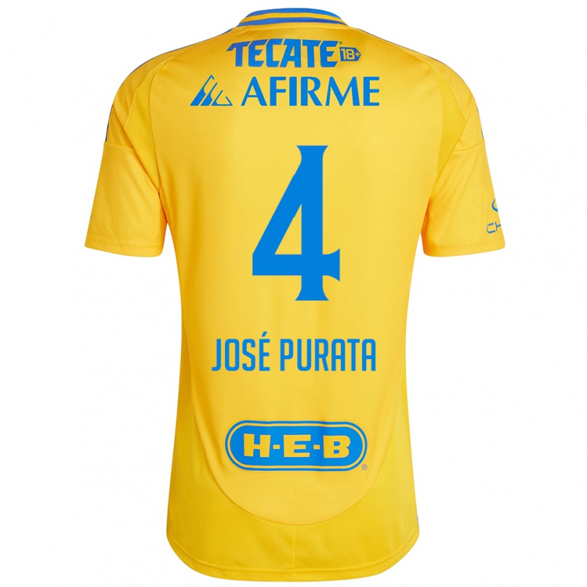 Kandiny Enfant Maillot Juan José Purata #4 Or Jaune Tenues Domicile 2024/25 T-Shirt