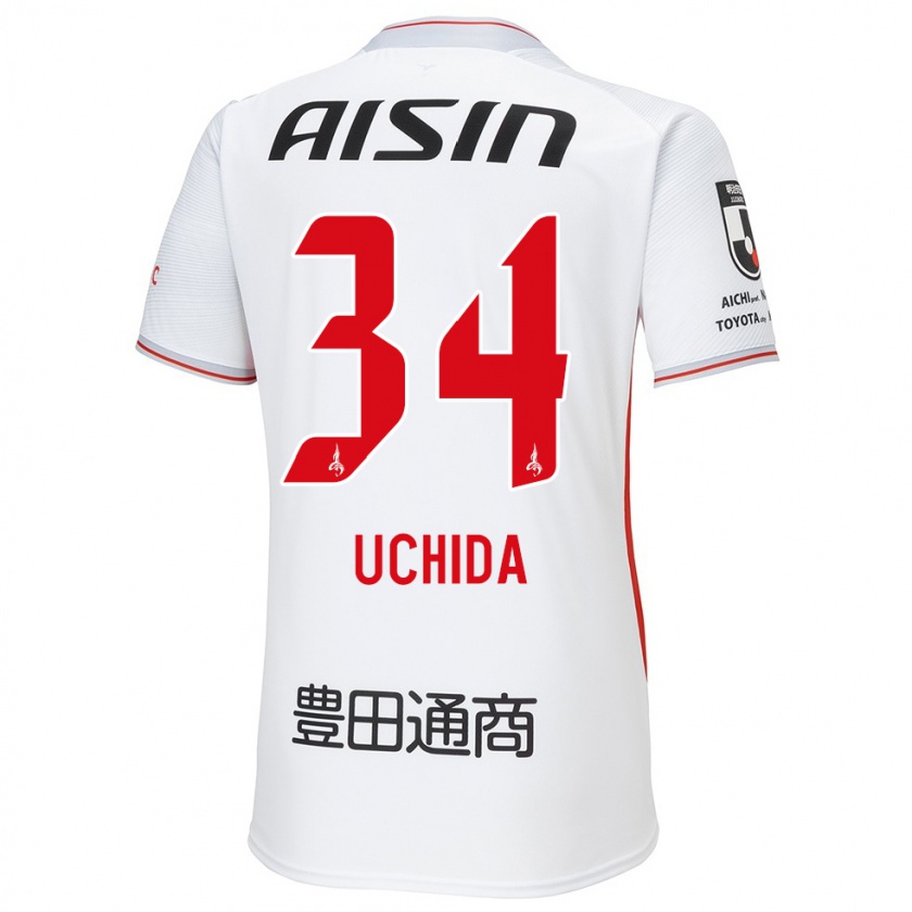 Kandiny Enfant Maillot Takuya Uchida #34 Blanc Jaune Rouge Tenues Extérieur 2024/25 T-Shirt