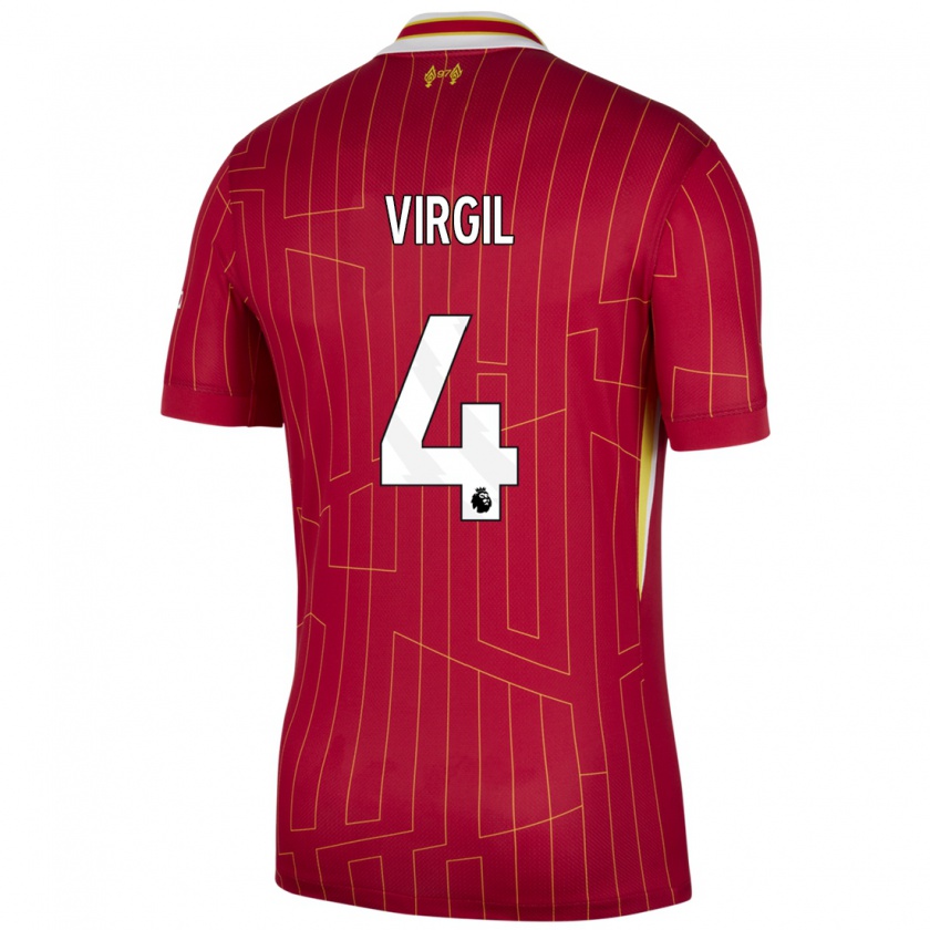 Kandiny Enfant Maillot Virgil Van Dijk #4 Rouge Jaune Blanc Tenues Domicile 2024/25 T-Shirt