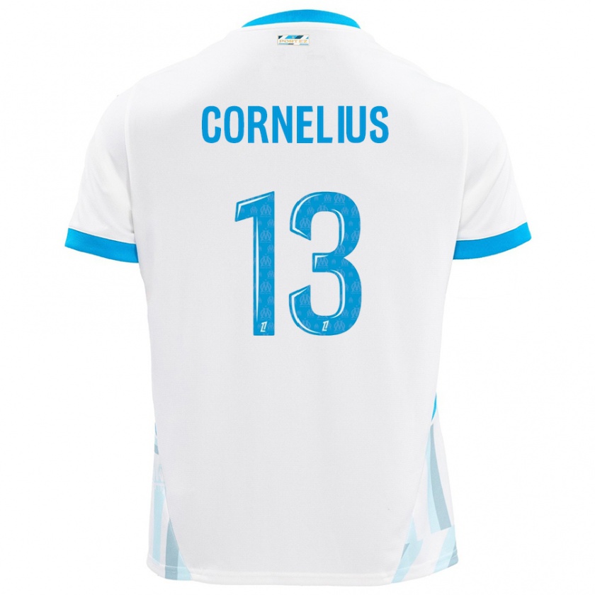 Kandiny Enfant Maillot Derek Cornelius #13 Blanc Bleu Ciel Tenues Domicile 2024/25 T-Shirt