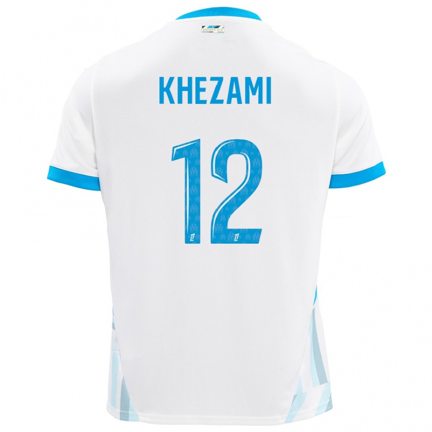 Kandiny Enfant Maillot Roselène Khezami #12 Blanc Bleu Ciel Tenues Domicile 2024/25 T-Shirt