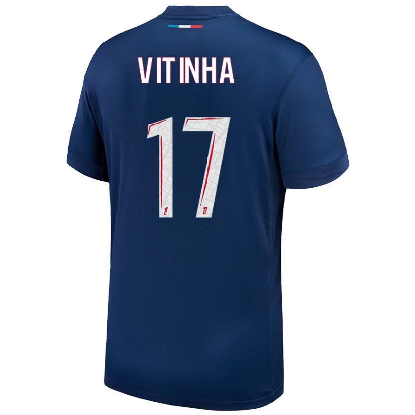 Kandiny Enfant Maillot Vitinha #17 Bleu Marine Blanc Tenues Domicile 2024/25 T-Shirt