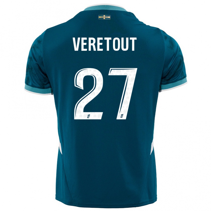 Kandiny Enfant Maillot Jordan Veretout #27 Turquoise Bleu Tenues Extérieur 2024/25 T-Shirt