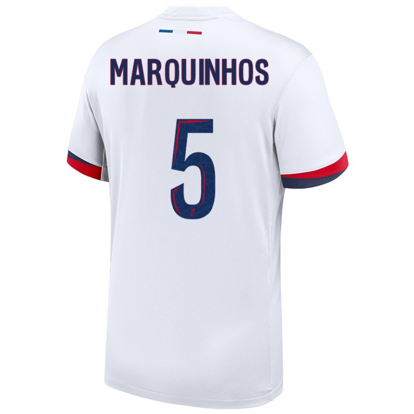 Kandiny Enfant Maillot Marquinhos #5 Blanc Bleu Rouge Tenues Extérieur 2024/25 T-Shirt