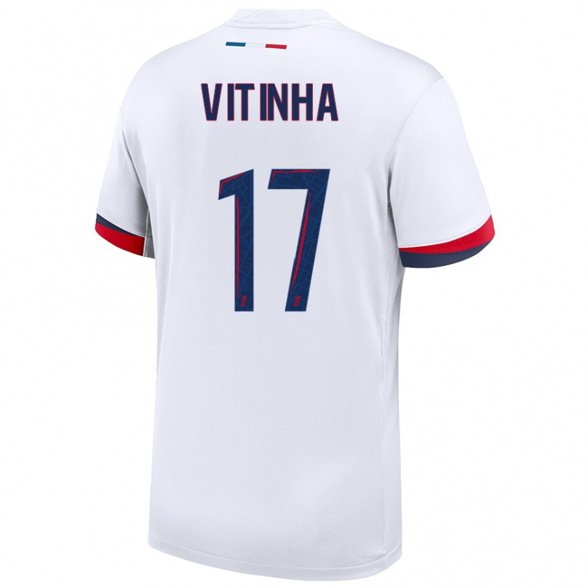 Kandiny Enfant Maillot Vitinha #17 Blanc Bleu Rouge Tenues Extérieur 2024/25 T-Shirt