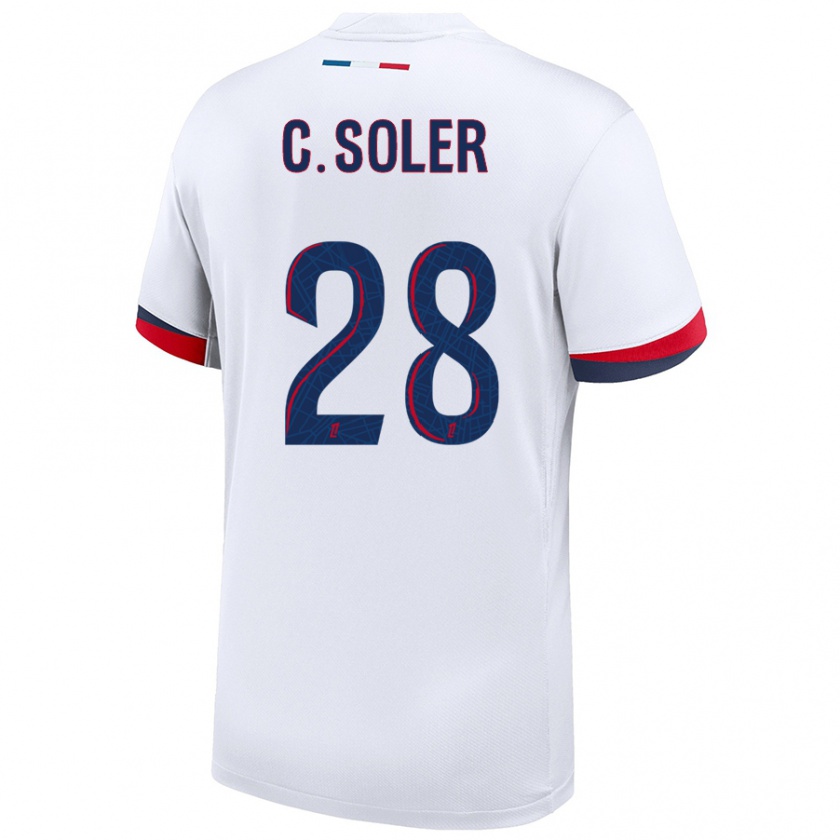 Kandiny Enfant Maillot Carlos Soler #28 Blanc Bleu Rouge Tenues Extérieur 2024/25 T-Shirt